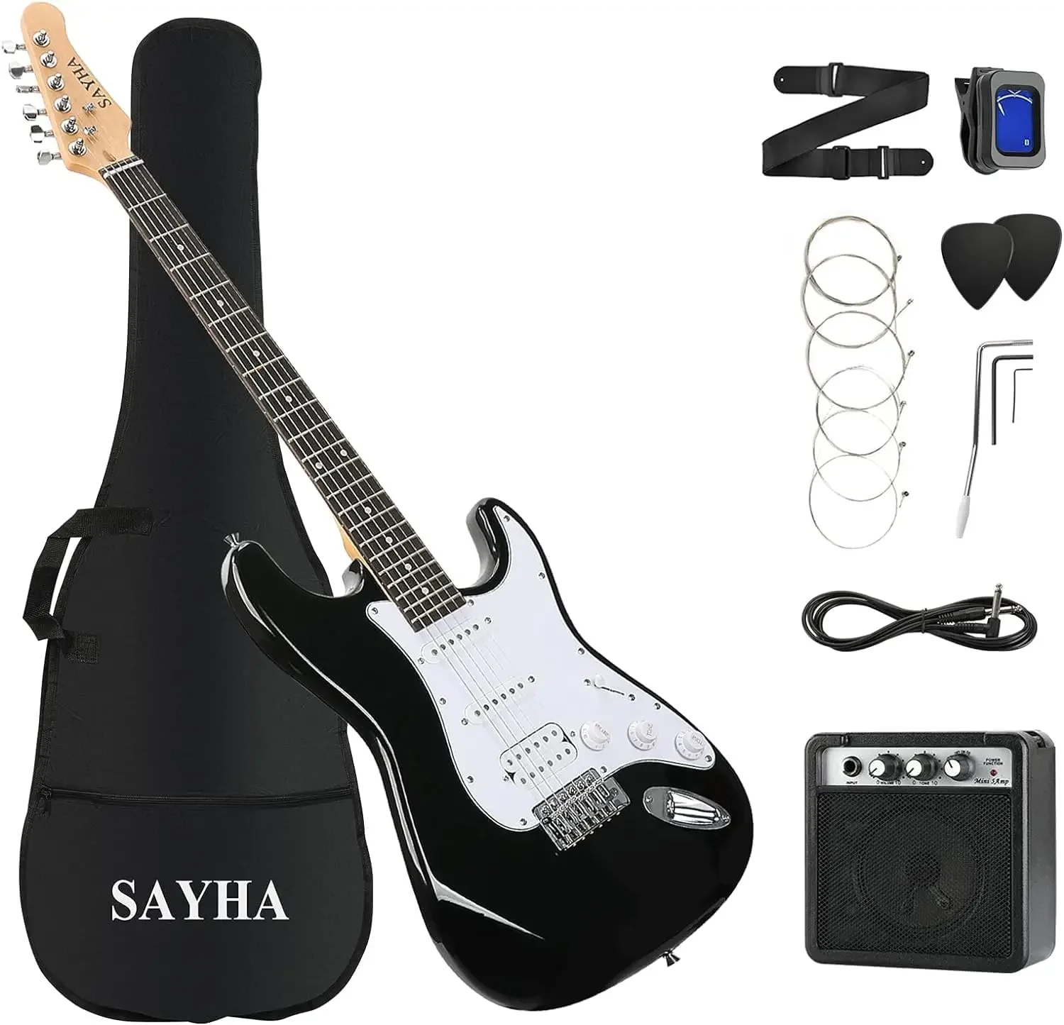 39 Inch Solid Full-size Electric Guitar HSS Pickups Starter Kit Includes Amplifier, Bag, Digital Tuner, Strap,