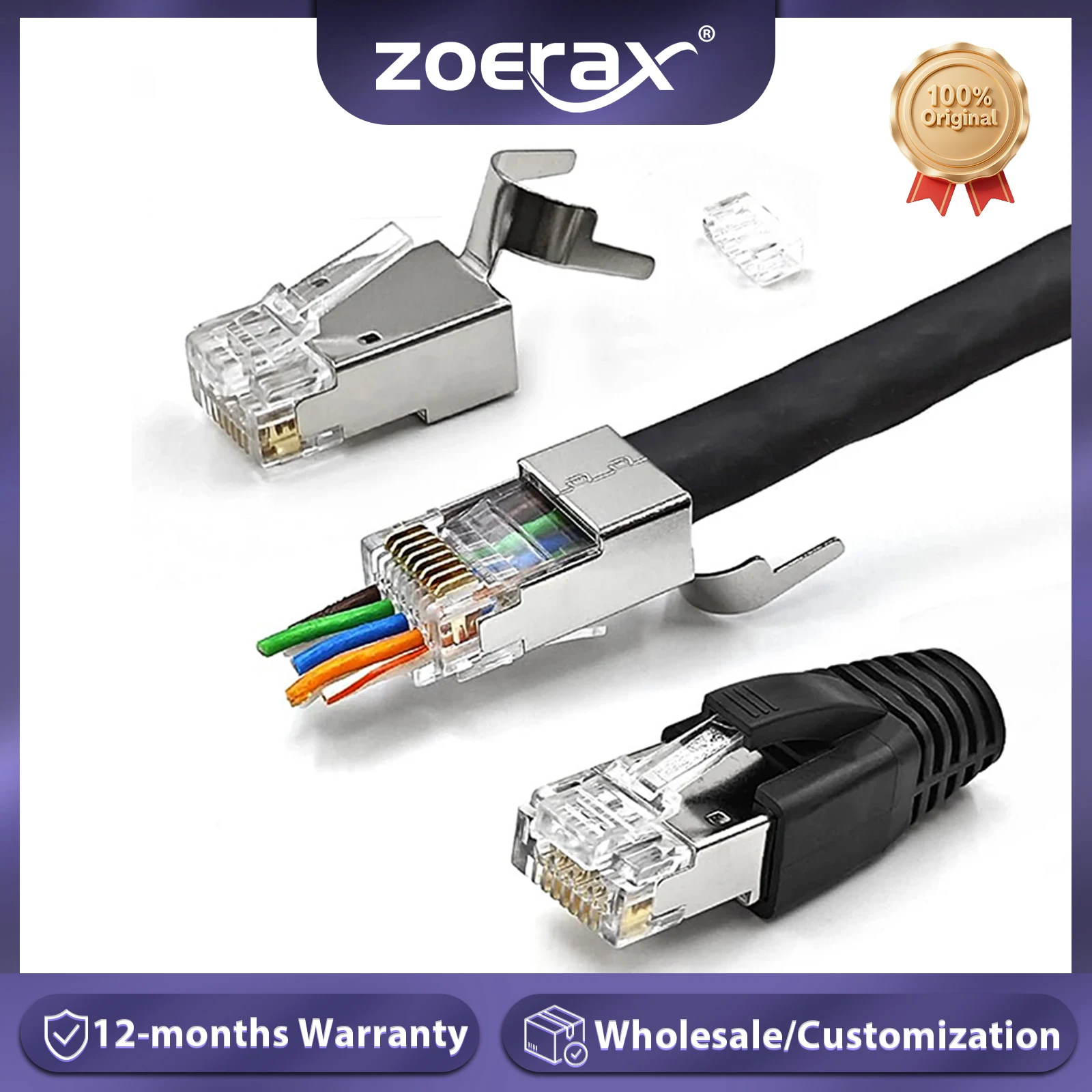 

ZoeRax RJ45 Cat8 Cat7 Cat6A Проходной экранированный разъем Модульная сеть 3-контактный позолоченный штекер 50 мкг с чехлом для снятия натяжения