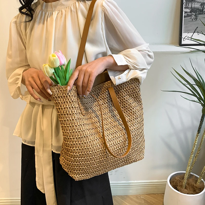 Summer Beach Large Capacity Tote Bag Women Shoulder Bag Handmade Woven Bag Top-Handle Bags Raffia Boho Woven Women Bag