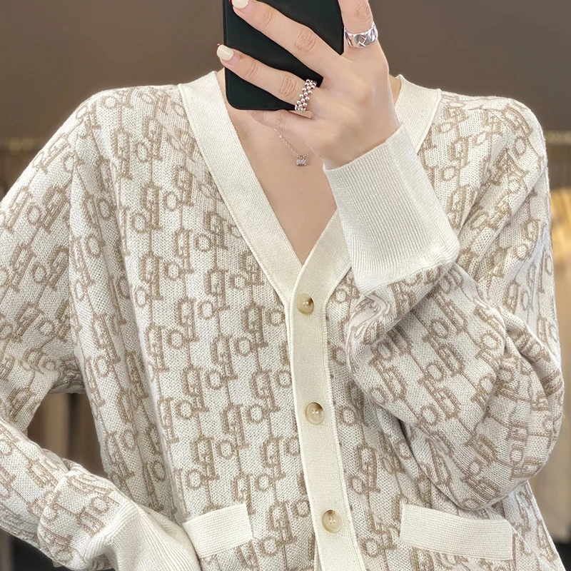 Autumn Winter New Woolen Sweater Women\'s V-Neck Long Sleeve Loose High Grade Jacquard Temperament Lazy Style Knitted Shirt Top