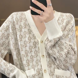 Autumn Winter New Woolen Sweater Women's V-Neck Long Sleeve Loose High Grade Jacquard Temperament Lazy Style Knitted Shirt Top