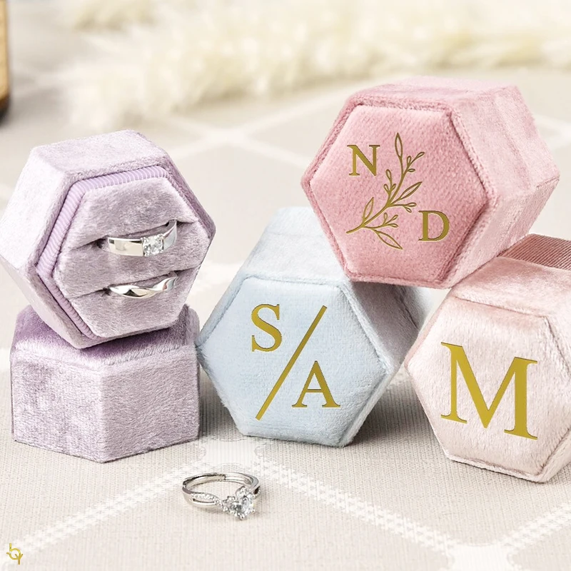 

Custom Wedding Rings Box Velvet Double Ring Box Hexagon Ring Box Personalized Engagement Ring Box Proposal Marriage Ring Box