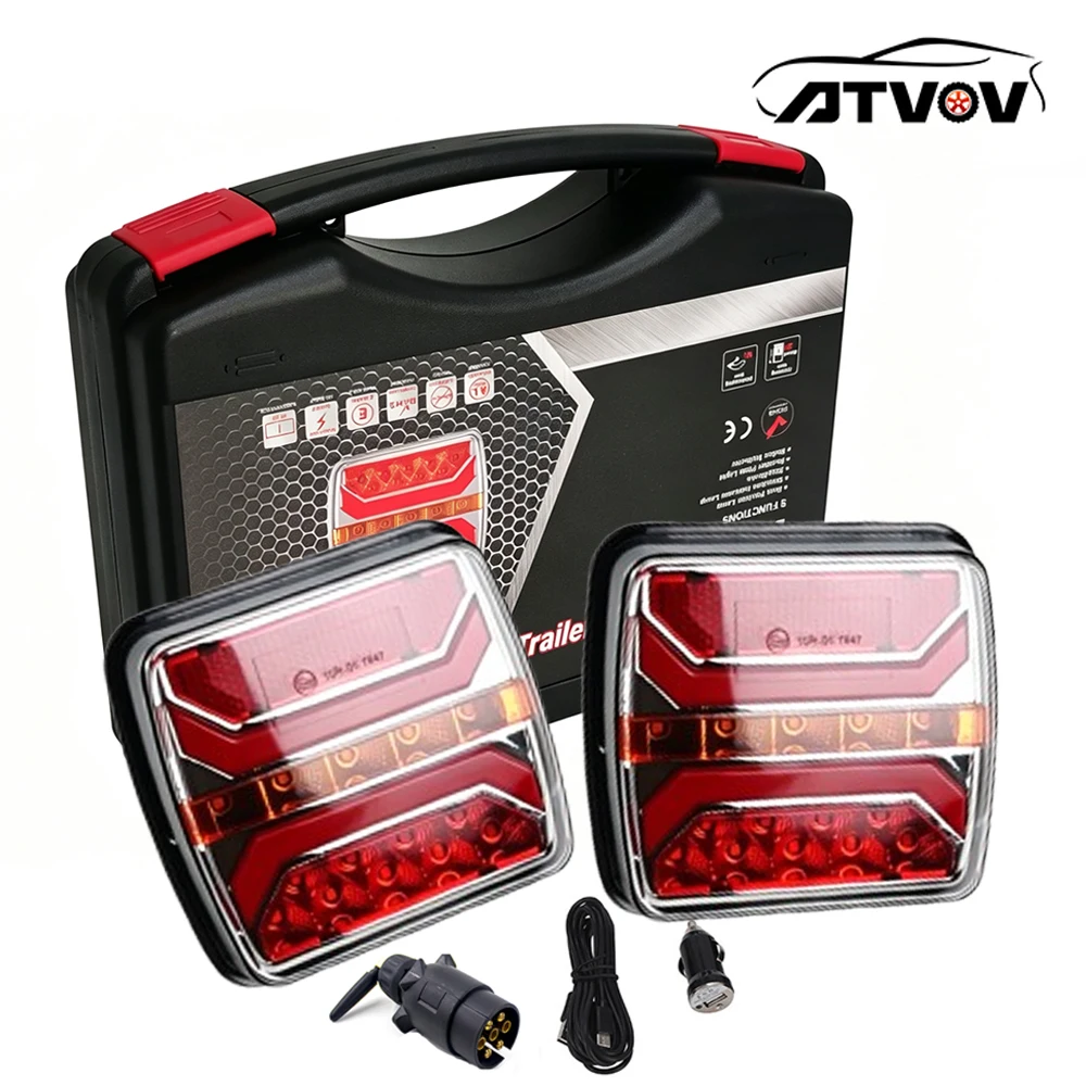 2PCS 12V 24V LED Wireless Magnetic Trailer Rear Tail Light Dynamic Warning Light Universal Truck Caravan Lorry Bus Waterproof