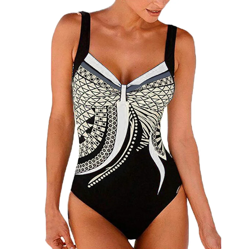 Ladies\' Enthic Style Graphics Printed Retro Summer Backless Sexy Fashion Swimwear Sreamless One Piece Sling Bathing Clothing
