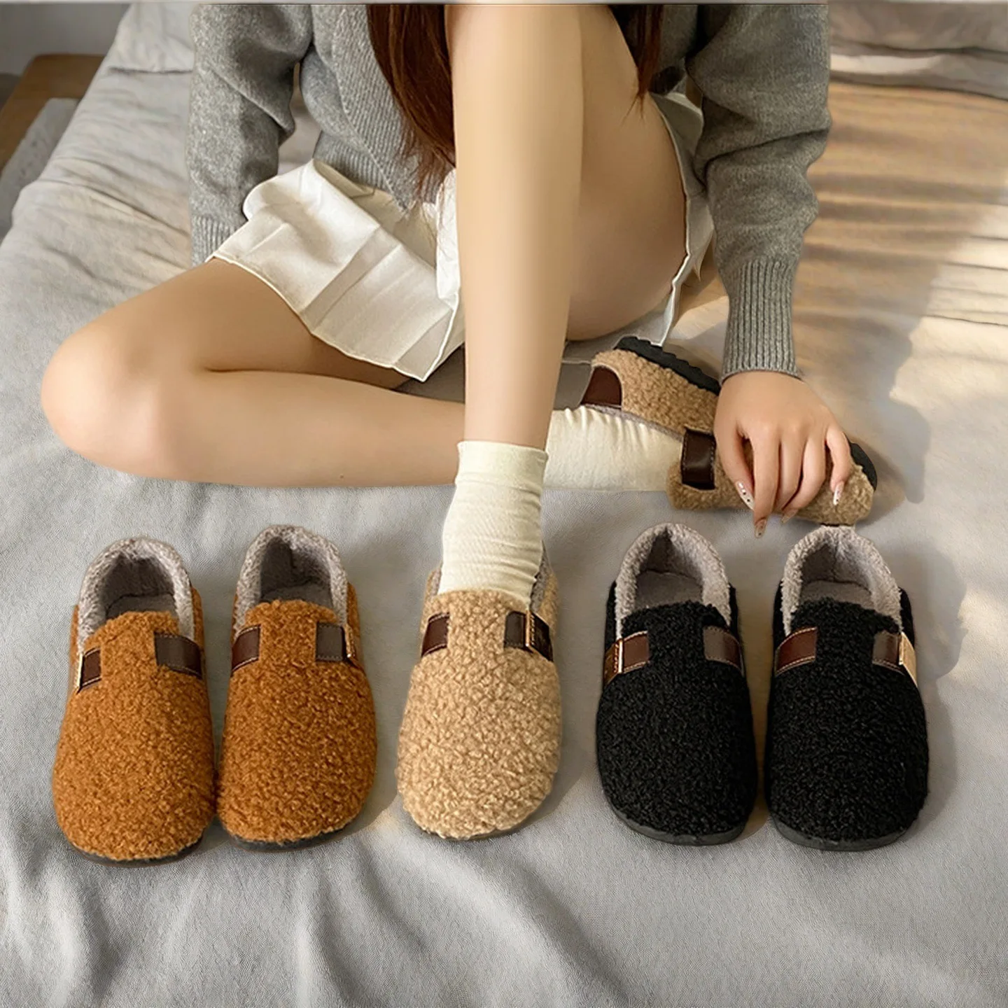 أحذية الشتاء النساء جولة تو الانزلاق على الأحذية النسائية المتسكعون الفراء حذاء رياضة كاجوال الخريف موديس الانزلاق على فستان الخف خريف جديد #4
