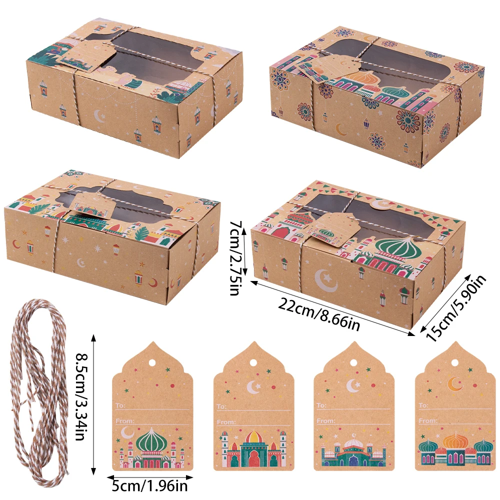 4 pz Ramadan Mubarak Scatola di Torta di Caramelle di Carta Kraft con Finestra EID Mubarak Scatola di Imballaggio Regalo Decorazione Ramadan 2025 Islam Musulmano