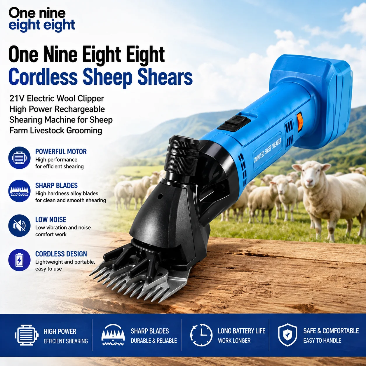 One Nine Eight Eight Cordless Sheep Shears 21V Electric Wool Clipper High Power Rechargeable Shearing Machine for Sheep Farm Liv