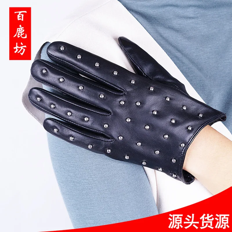 New winter men's leather gloves, women's studded top-grain sheepskin gloves, short genuine leather gloves.