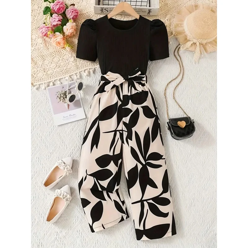 Girls Solid Color Bow Waist Tied Top And Wide Leg Pants Set Summer Vacation Outdoor Wear Comfortable Loose Fit Outfit for Kids