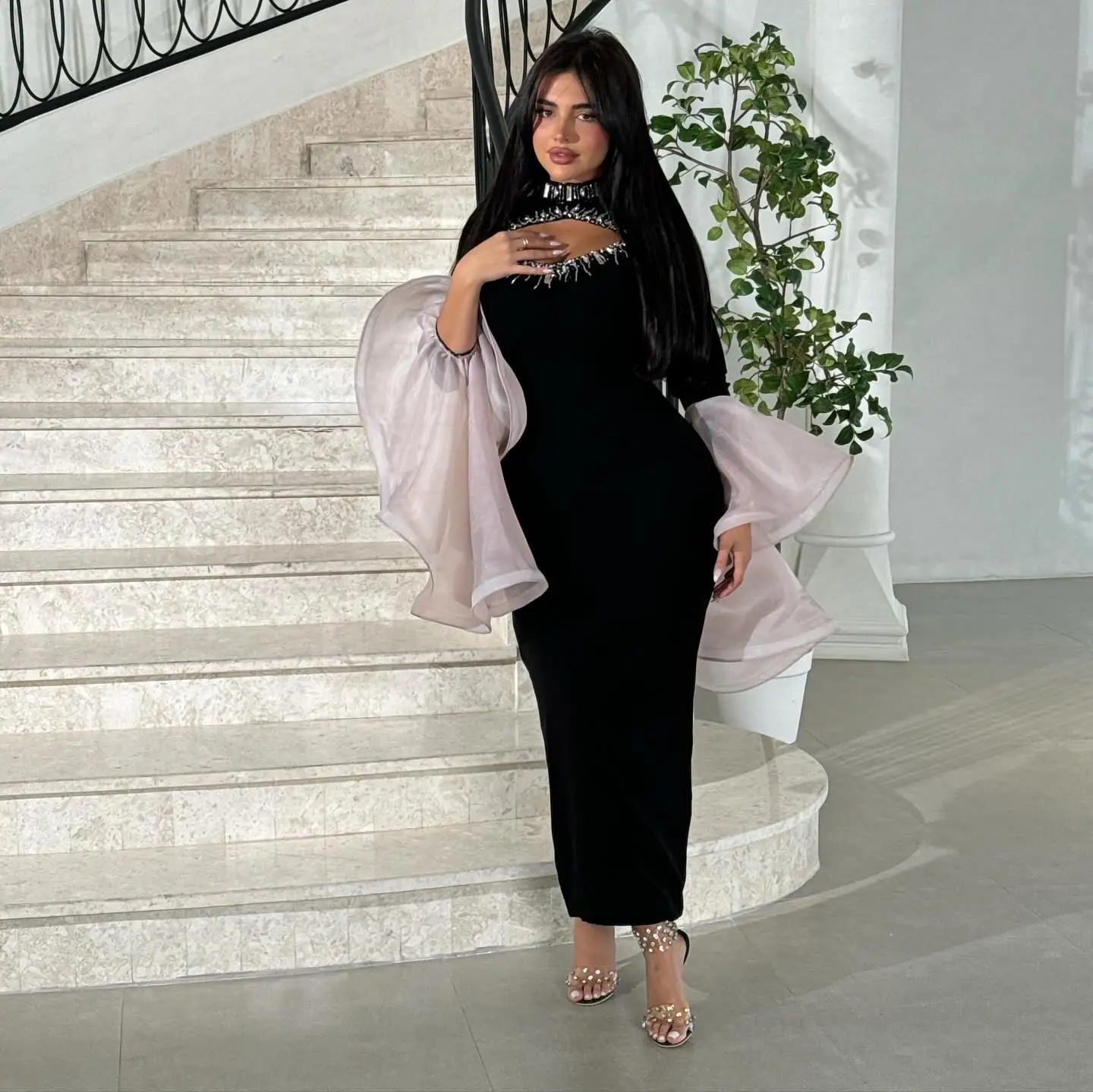 

Customized Temperament Contrast Color Velour Evening Dresses High Quality Beading Prom Dress High Neckline Vestido De Noche