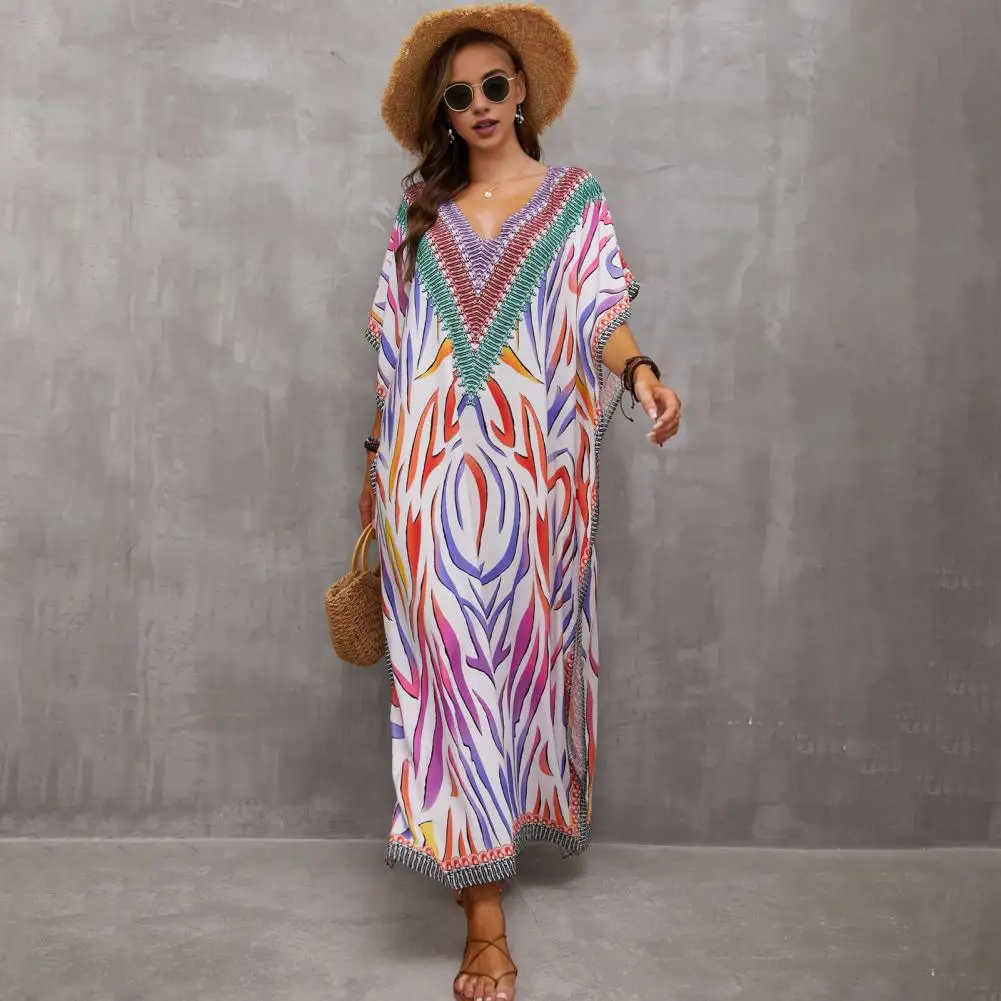 Rayon Print Cover-up Dress Rayon Print Beach Cover-up Vibrant Color Print Beach Cover Up Dress V-neck Short Sleeve for Vacation