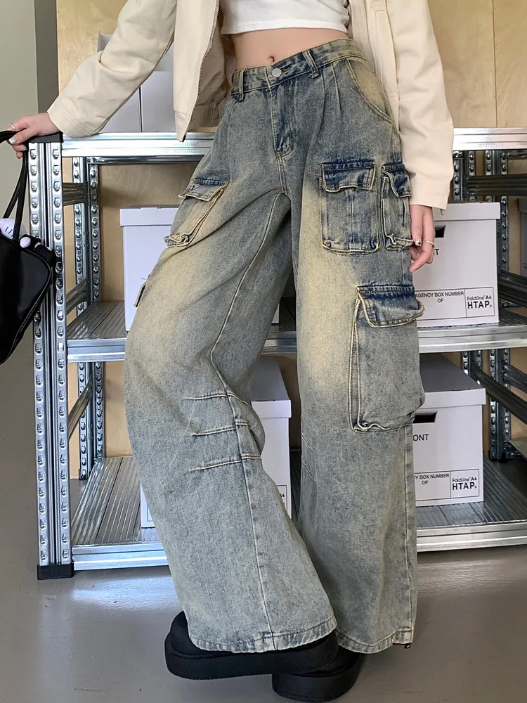 2023 Ropa y2k Grunge Clothes Washed Old Blue Baggy Cargo Jeans Pants For Women Original Wide Leg Straight Female Denim Trousers