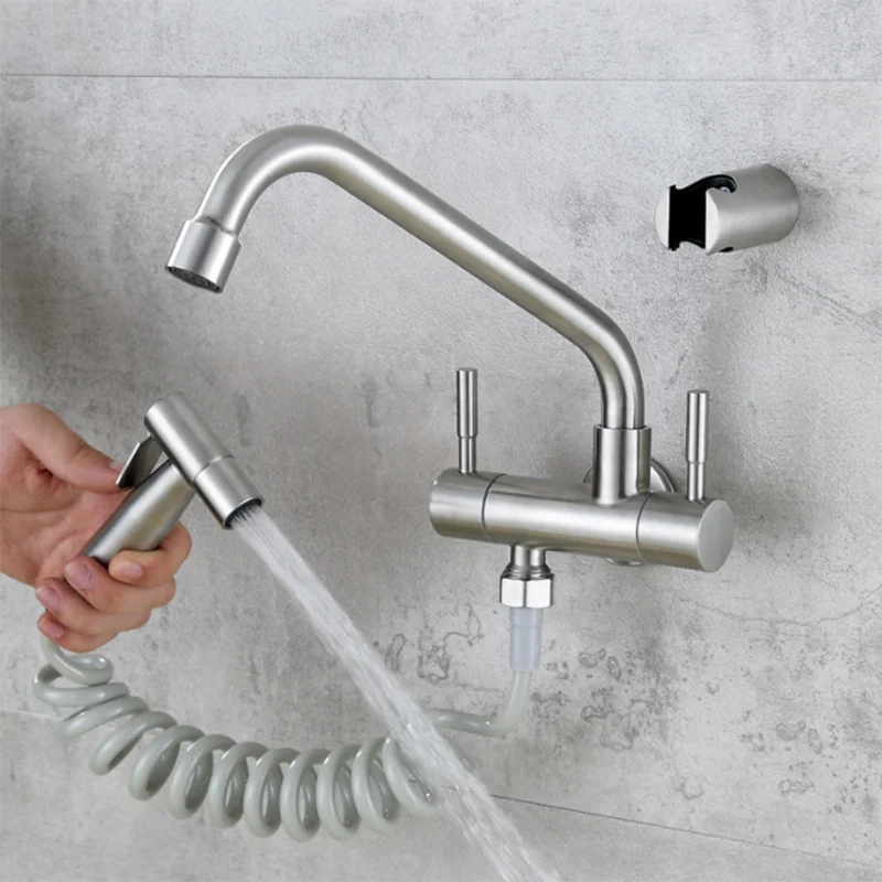 1Set Faucet Stainless Steel Wall Mounted Multifunctional Bathroom Kitchen Basin Faucet Cold Water Tap With Spray Gun