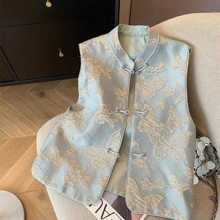 Blue  Embroidery Women's Vest Spring 2026 New Chinese Style High End Personality Buttonless Sleeveless Tank Top