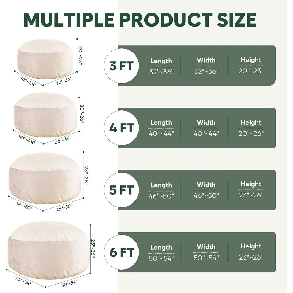 3-Foot Adult Memory Foam Bean Bag Chair with Dutch Velvet Cover and Included Filling, Beige