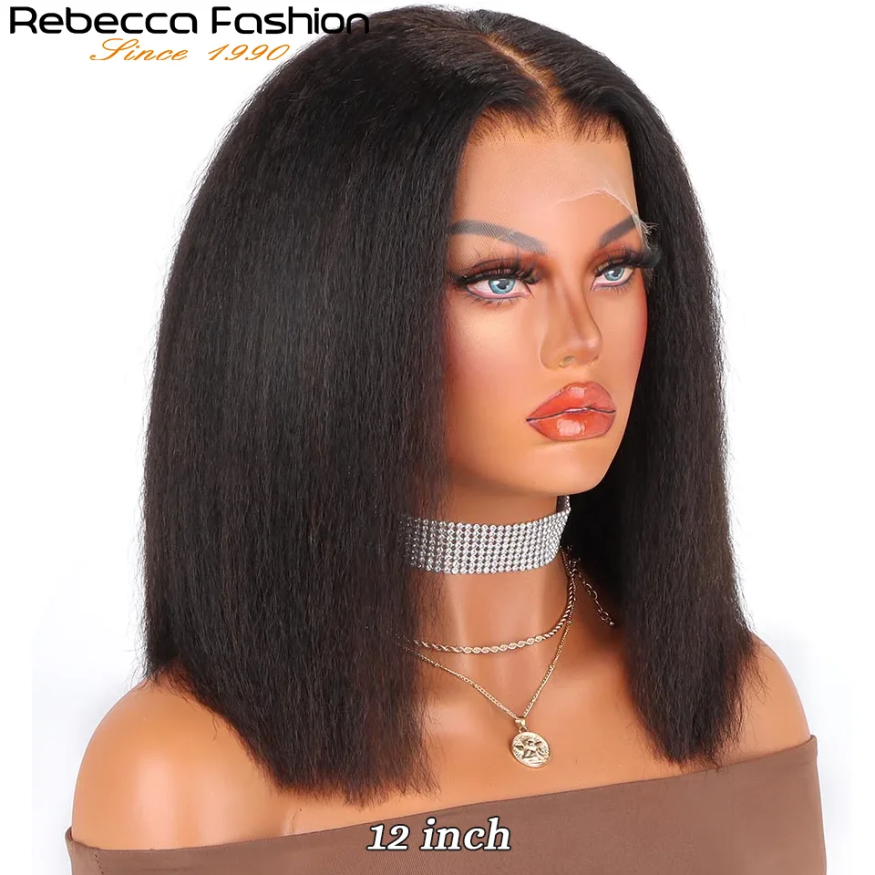 Short Bob Kinky Straight Lace Front Human Hair Wigs 13X6x2 Transparent Lace Front Wigs Pre Plucked Nature Yaki Straight Bob Wig