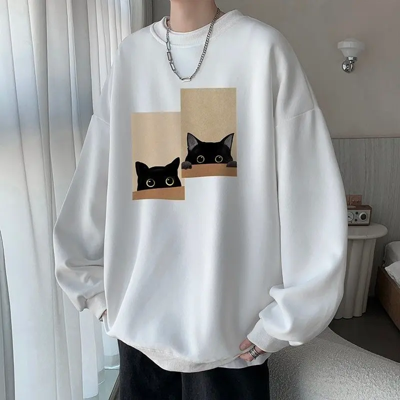 Cat Graphic Pullover Men Autumn Loose Sweatshirt Casual Clothes Unisex O-Neck Top Oversized Warm Comfortable Fashion Streetwear