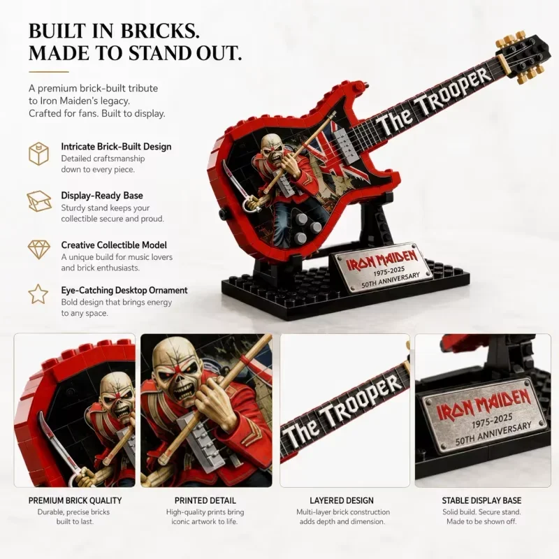 Iron Maiden The Trooper Guitar Building Block Display Ornament, 50th Anniversary Brick Model with Stand, Collectible - view 5