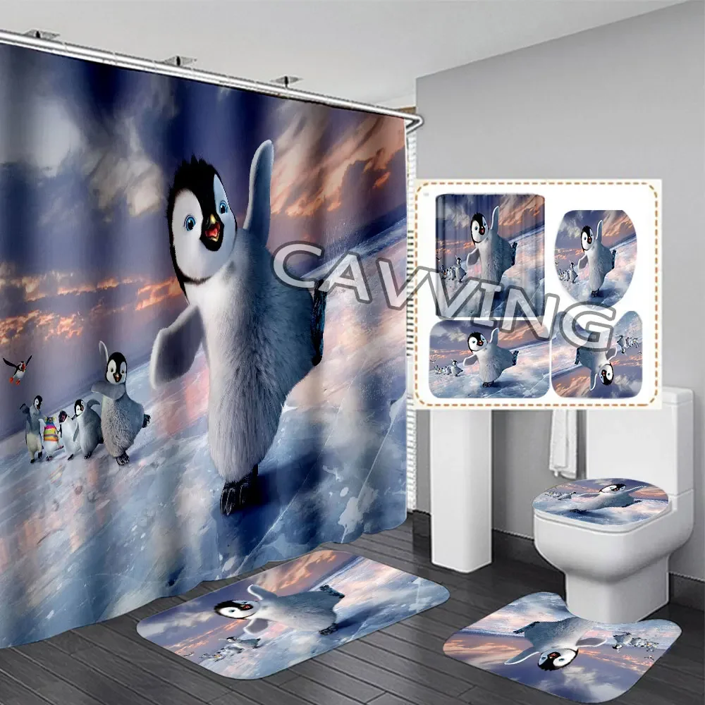 Penguin 3D Printed  Shower Curtain Waterproof Bathroom Curtain Anti-slip Bath Mat Set Toilet Rugs Mats Home Decor  H01