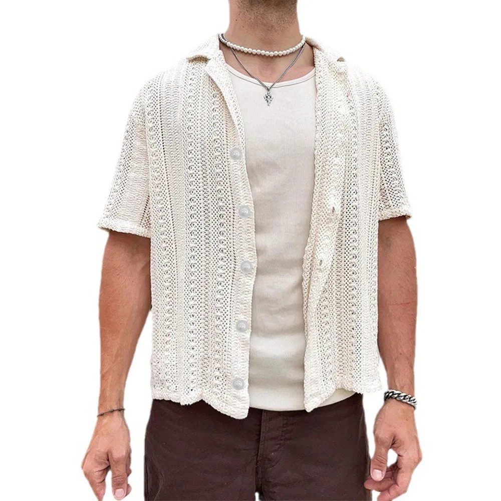 Europe and The United States Fashion Summer New Men's Casual Knit Cardigan White Short Sleeve Shirt Men's Shirt Hollow Men's
