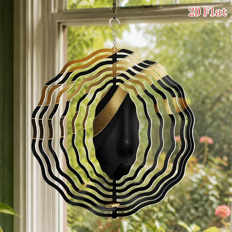 2D Flat African Woman Pattern Metal 3D Rotating Wind Chime with Rotating Hook, Suitable for Outdoor Gardens Decoration