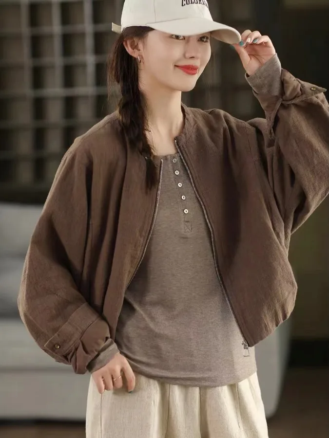 

Retro Faion Pure Color Cotton Linen ort Jaet Loose Batwing Sve round Ne Casual Open Cardigan for plus Size Women