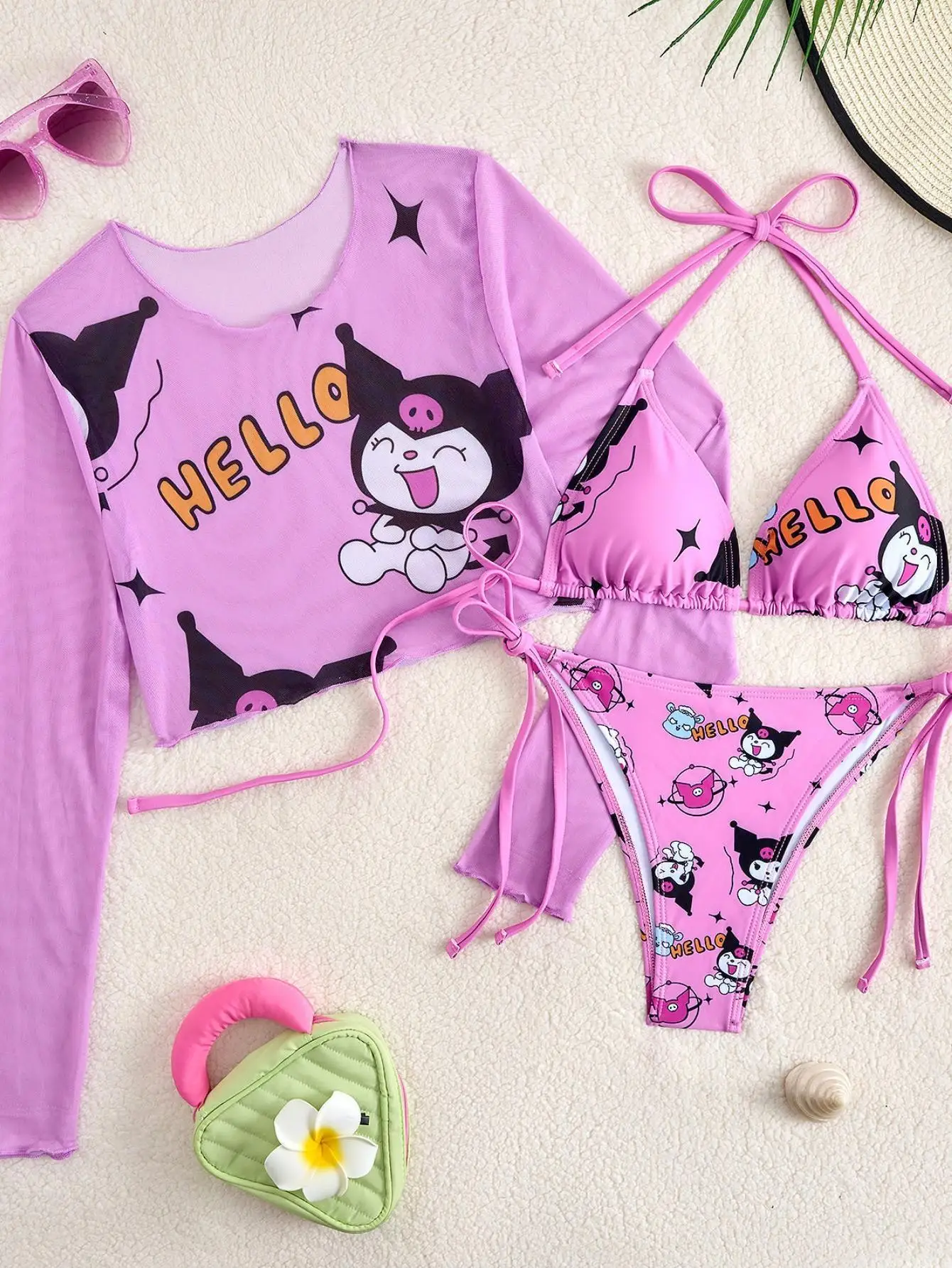 3pcs Kuromi Bikini Set, Cute Pink Y2K Halter Swimsuit with Mesh Cover Up for Women，Pink Kuromi Halter String Swimsuit