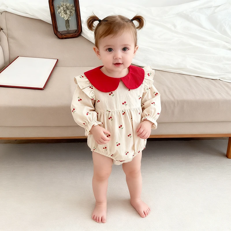 

2026 New Spring Newborn Baby Girls Bodysuits Long Sleeved Cotton Cherry Print Jumpsuit Korean Style 0-24M Children Clothes