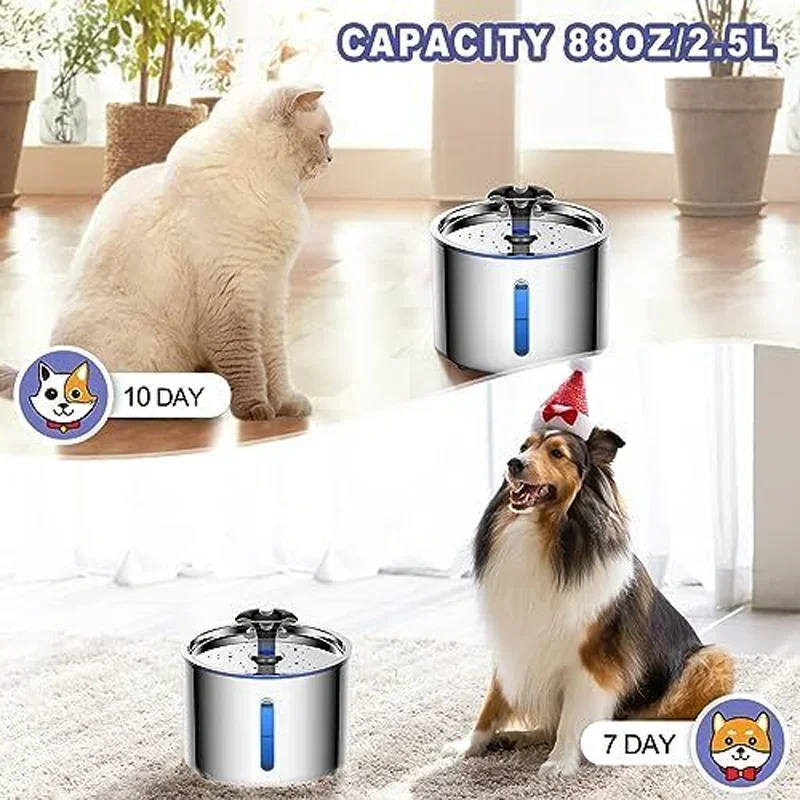 Pet Water Fountain 304 Stainless Steel Automatic Cat Drinking Fountain  2.5L Smart Water Dispenser with Transparent Window