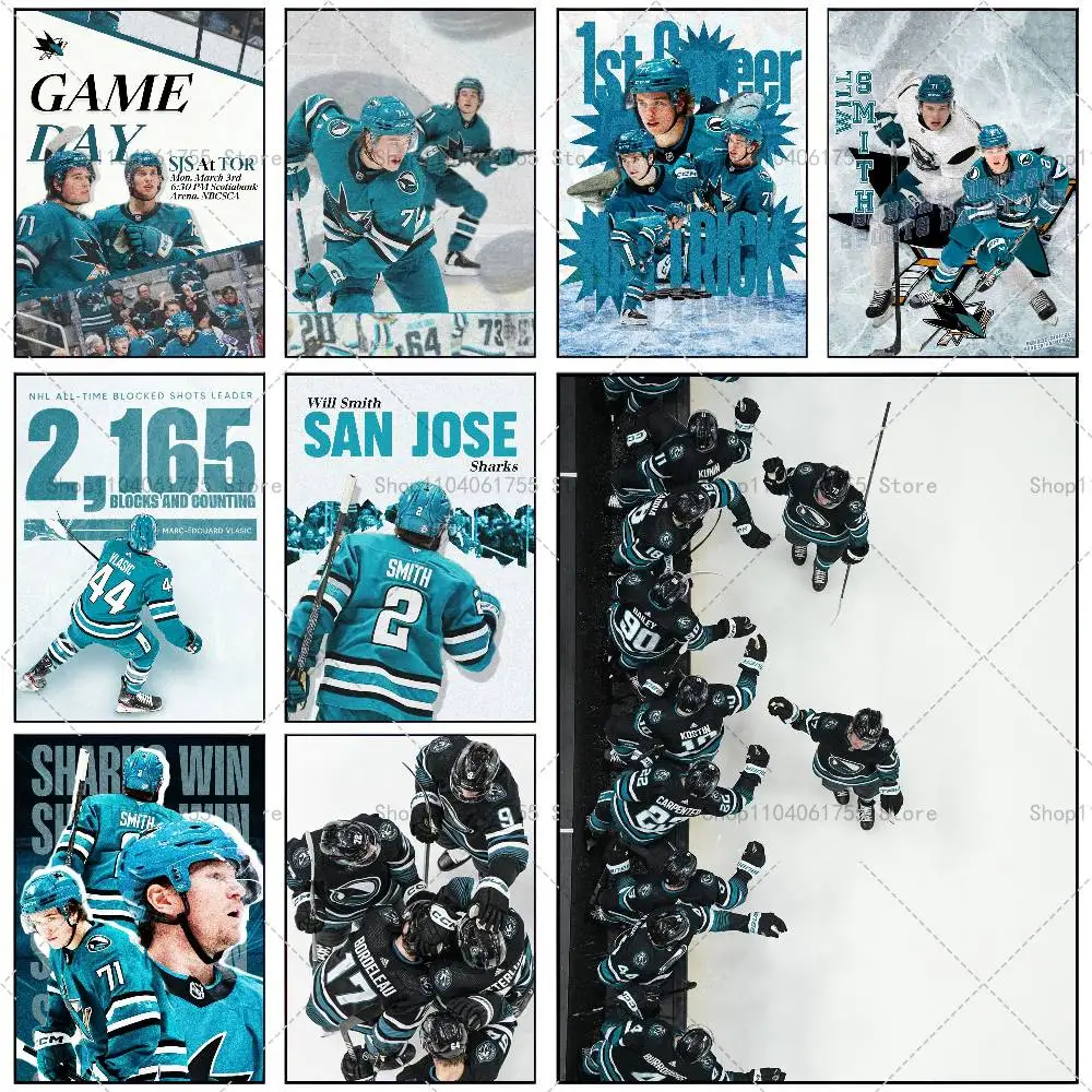 Puck Sport S-San J-Jose S-Sharks Poster Self-adhesive Art Waterproof Paper Sticker Coffee House Bar Room Wall Decor