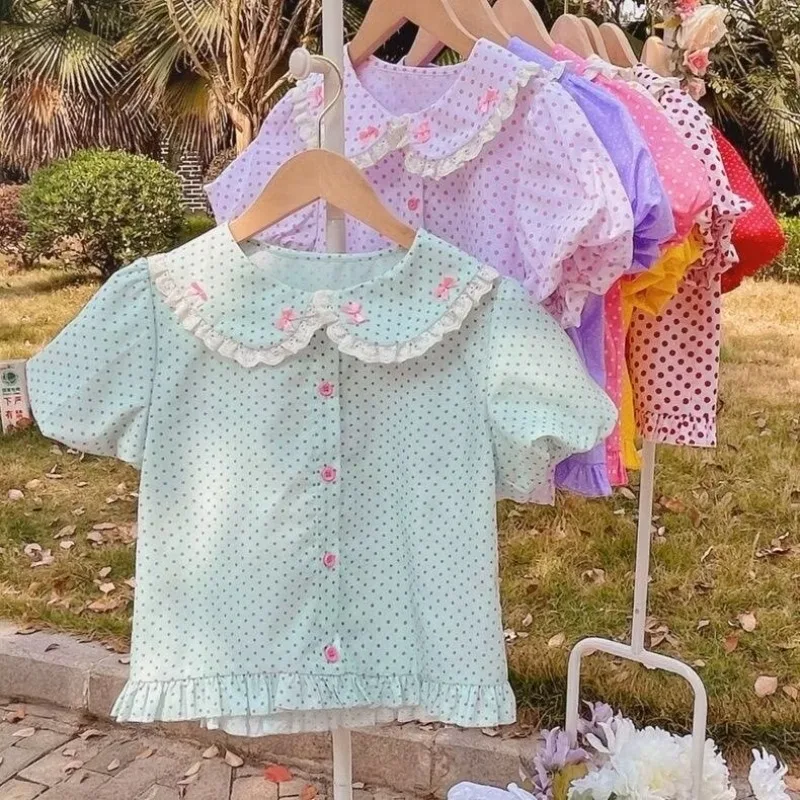 

Summer New Short Bubble Sleeve Bobo Shirts Sweet Polka Dot Womens Tops Base Layer Women Clothes Peter Pan Collar Blouse Woman
