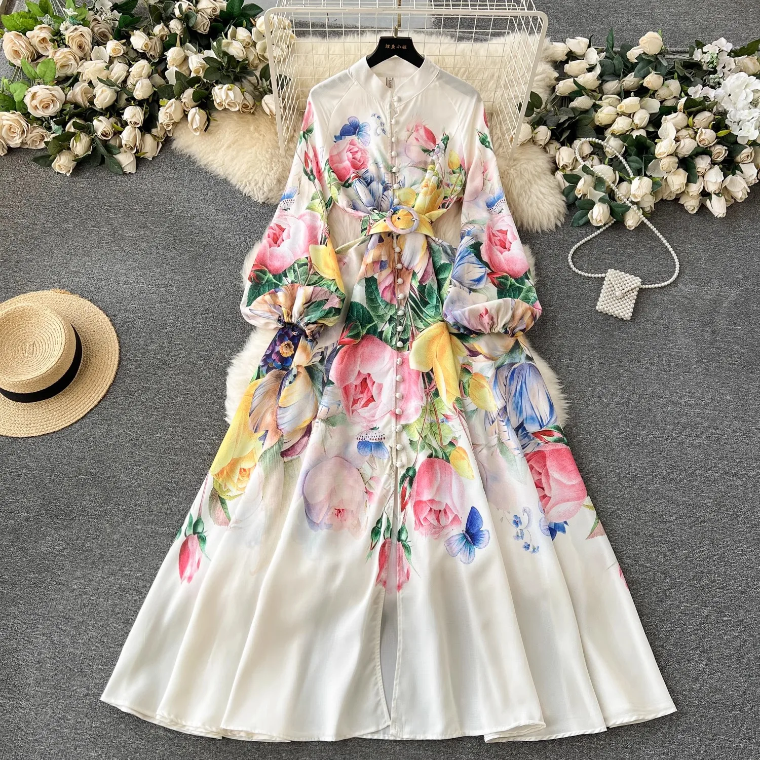 

Spring Summer Holiday Floral Maxi Dress Elegant Stand Collar Single Breasted Lantern Sleeve Belt Prom Robe Long Vestidos 6396