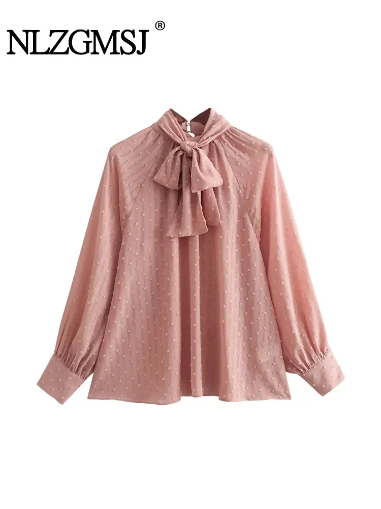 TRAF 2024 Spring Woman\'s Loose Blouse Solid Color O-Neck Long Sleeve Bow Decoration Hollow Out Female Fashion Casual Shirts