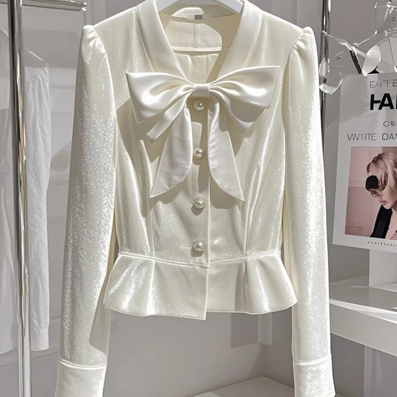 

Luxury High-end Chic Long Sleeve Shirts Women Autumn Blouse Velvet Belts Slim Ruffle Jacket Office Lady Shirts Trend Tops TT1011