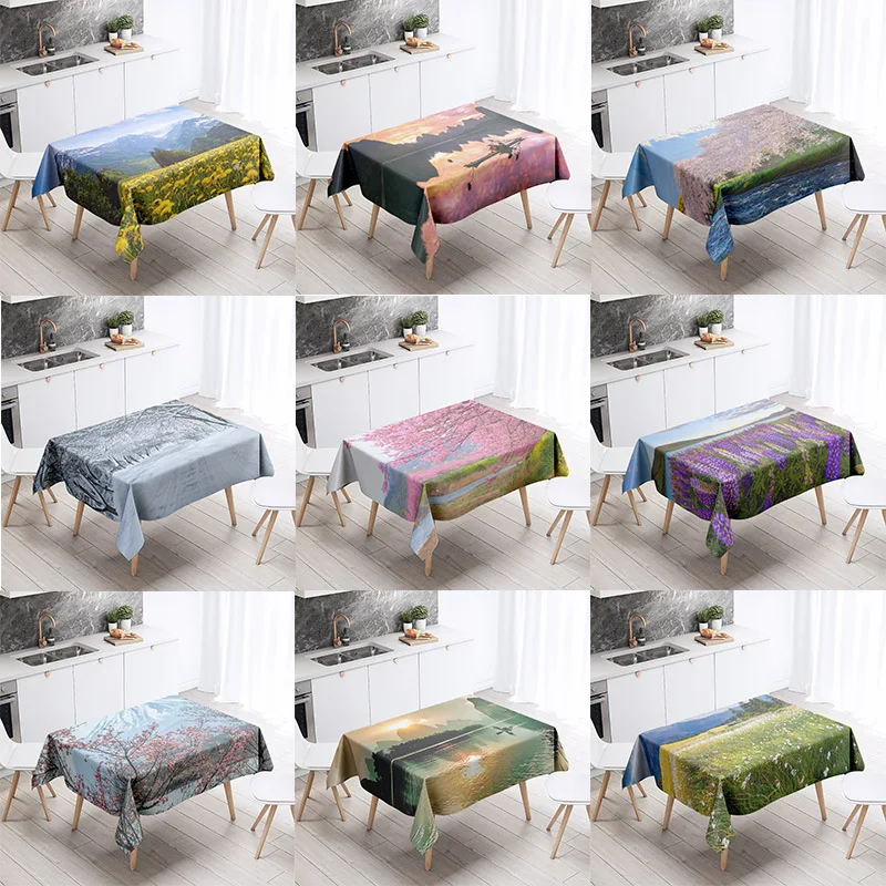 Natural Scenery Tablecloth Cherry Blossom  Anti-Stain Waterproof Rectangular Kitchen Table Home Decoration