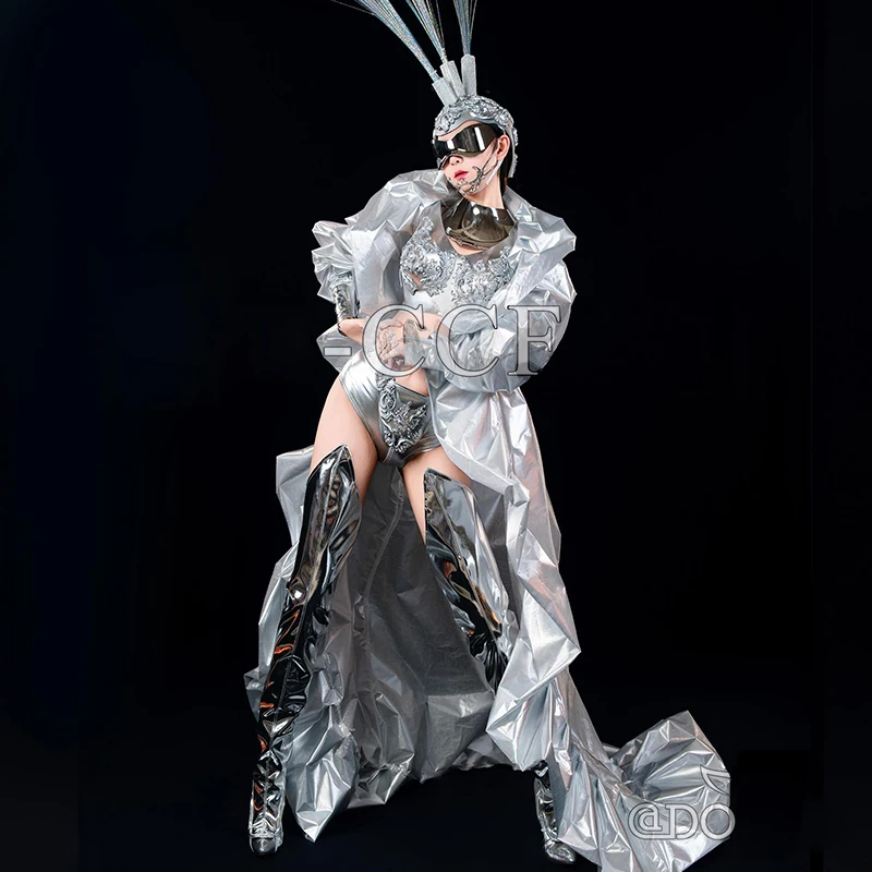 Futuristic Silver Mirror Stage Costume Gogo Show Performance Suit Long Coat Carnival Festival Rave Wear Drag Queen Outfit 3674