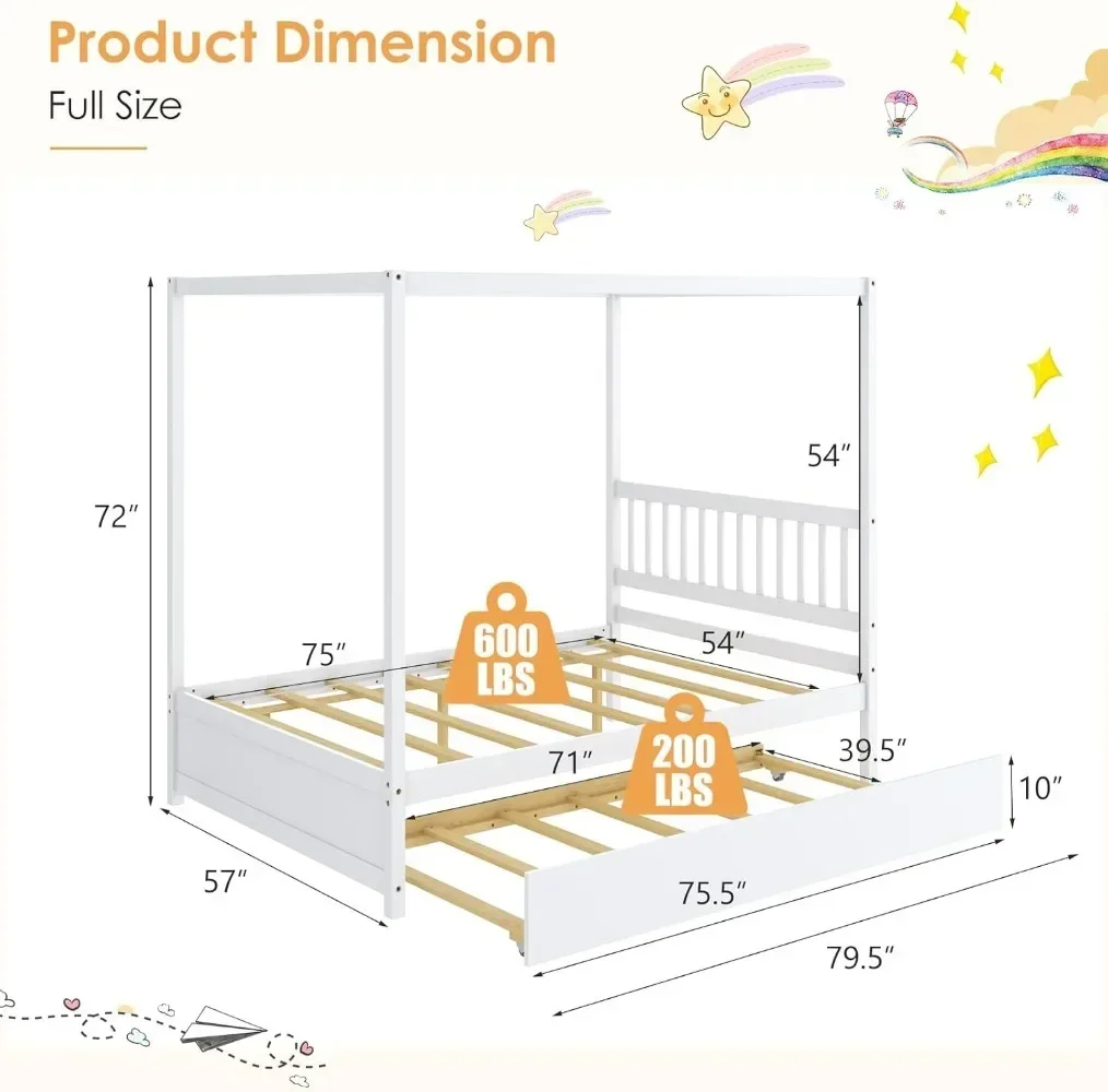 Canopy Bed with Trundle, Full Size Kids Solid Wood Platform Bed Frame，No Box Spring Needed (White)