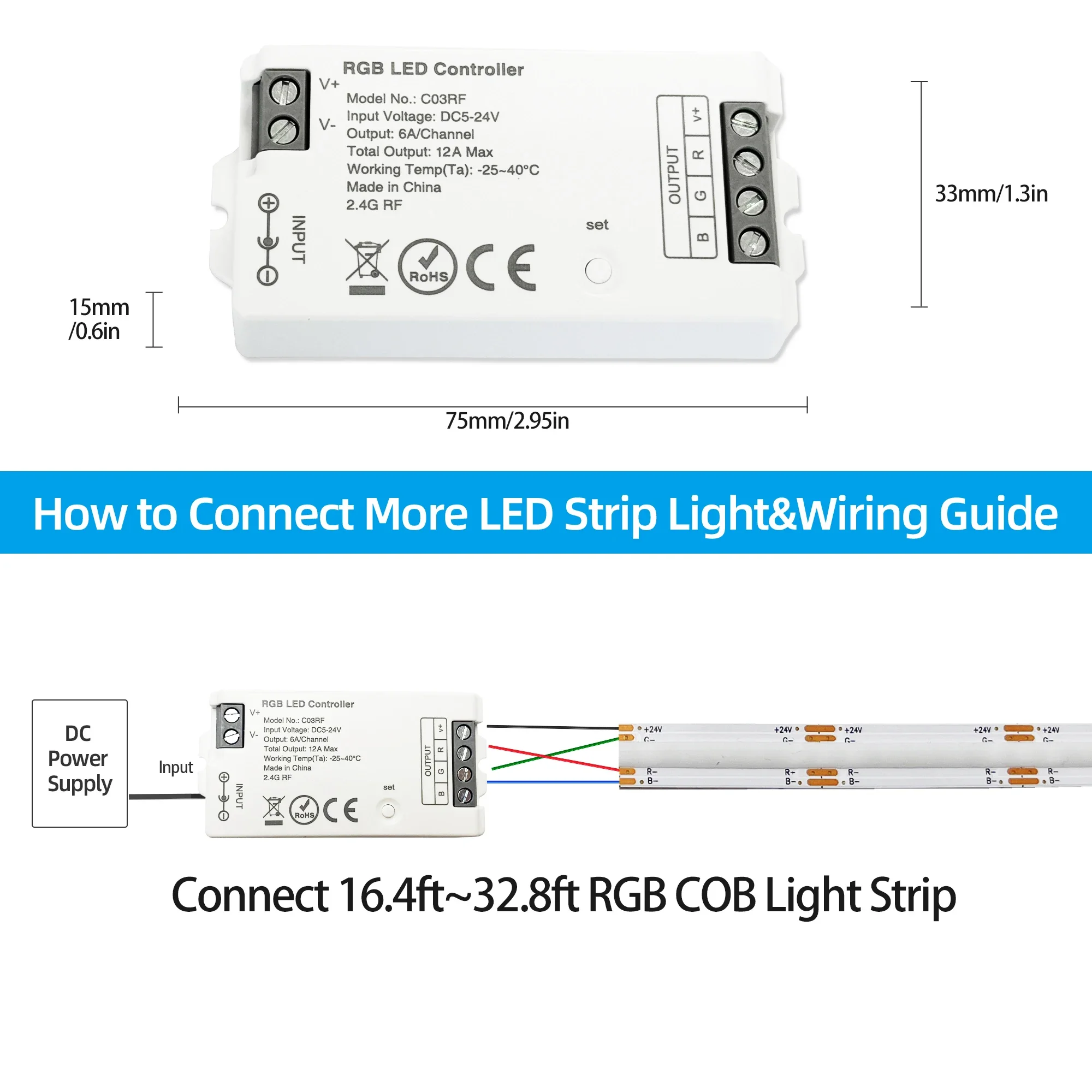 Controle remoto sem fio com COB RGB LED Lamp Controller, 4 zonas, RF 2.4G, DC 5 a 24V, RGB LED Dimming, 1% ~ 100% faixa de sinal, 30m