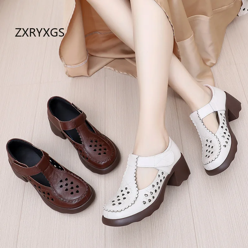 ZXRYXGS Spring Summer Top Cowhide Hole Hole Shoes Trendy Sandals Large Size Non-slip Thick Mid Heels Women Breathable Shoes 2026