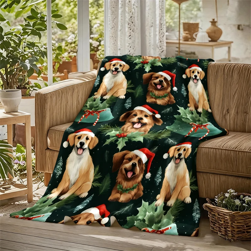 Santa Dogs Holly Leaves Ultra-Soft Fluffy Flannel Blanket Super Cozy Lightweight Bed Blanket for Halloween Sofa Bed Christmas