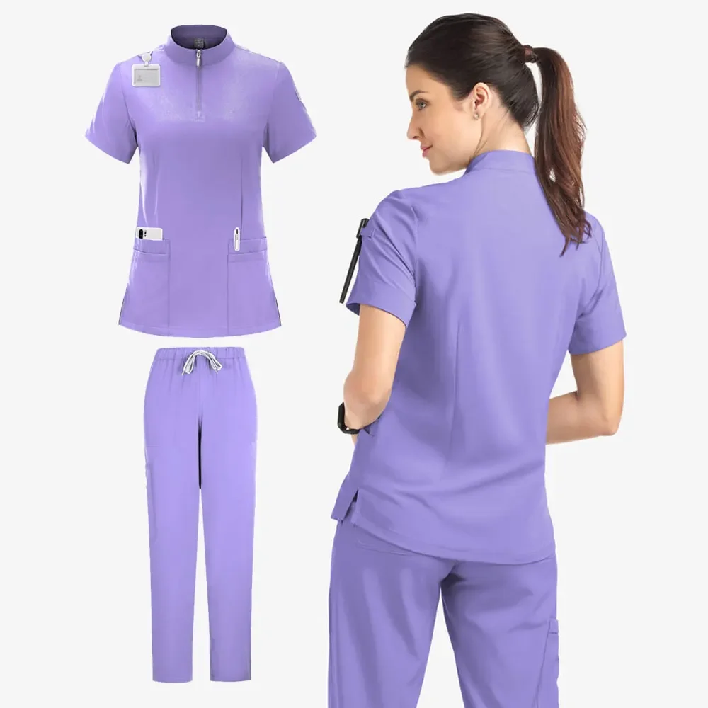 Mulheres 4-Pocket Zip-Neck Manga Curta Scrub Top, Uniformes de Enfermeira, Acessórios Médicos, Hospital Médico Uniforme