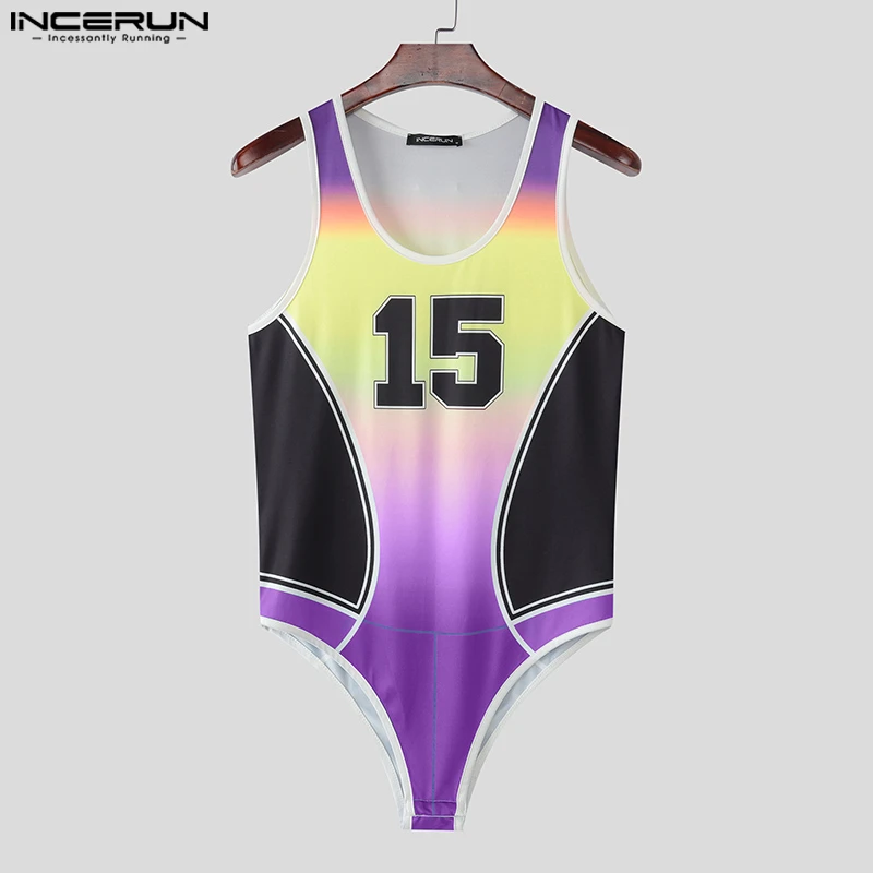 INCERUN Men Bodysuits Patchwork O-neck Sleeveless Summer Male Rompers Playsuits Sexy Workout 2025 Fashion Casual Bodysuit S-5XL