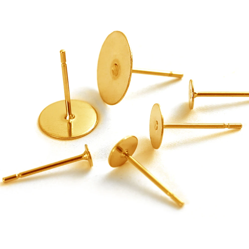 Pendientes de acero inoxidable 316L de Color dorado, 100 piezas, pasadores de poste en blanco para oreja, Base de bandeja redonda plana de 3-12mm,
