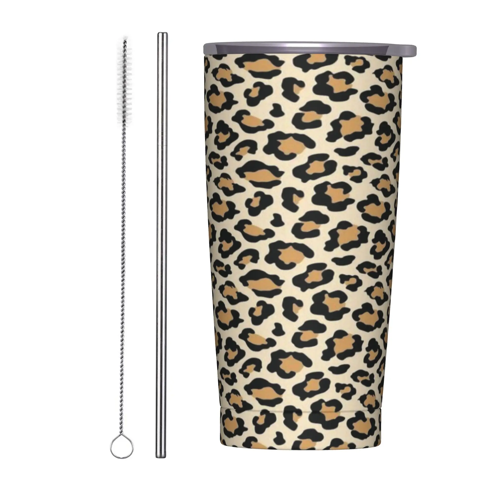 Leopard Print Tumbler Vacuum Insulated Cheetah Black Brown Cats Beige Thermal Cup Stainless Steel  Home Mug Hot Cold Drink, 20oz