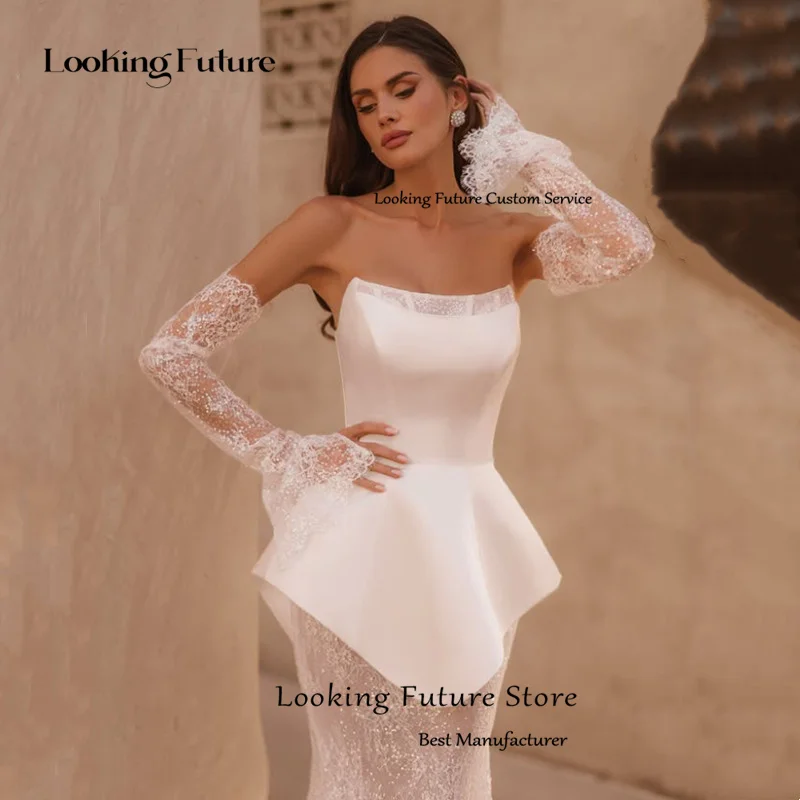 فستان زفاف حورية البحر الحديث مزين بالدانتيل عاجي أنيق بدون حمالات بدون أكمام طيات رسمية ترتر الوهم بطول الأرض