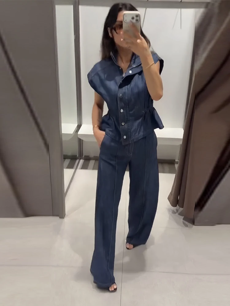 Ärmelloses Jeanswesten-Hosen-Set für Damen mit elastischem Bund, Stehkragen-Oberteil mit Knopfleiste und gerader Hose – Schickes Streetwear-Outfit für die moderne Dame – Detail 22