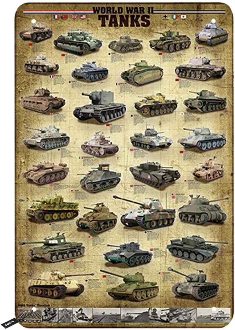 Swono Tanks Tin Signs,Worlds War Kinds of Tanks Vintage Metal Tin Sign For Men,Wall Decor for Bars,Restaurants,Cafes Pubs,1 sign