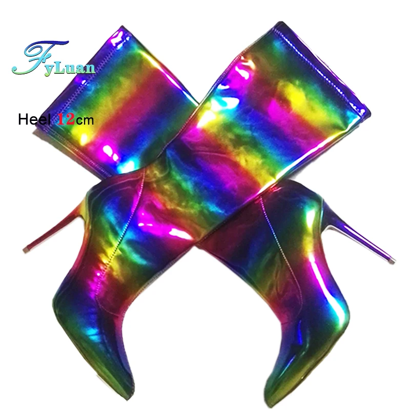 

Блестящие радужные женские сапоги на тонком каблуке, зеркальные сапоги до колена из лакированной кожи с острым носком, женская обувь для вечеринок в ночном клубе, размер 44.