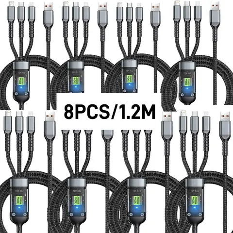 8pcs 100W 3 In 1 Fast Charging Cable 1.2m/4ft Nylon Braided with Type-C, Micro USB Multi Port Multiple Charging Wire