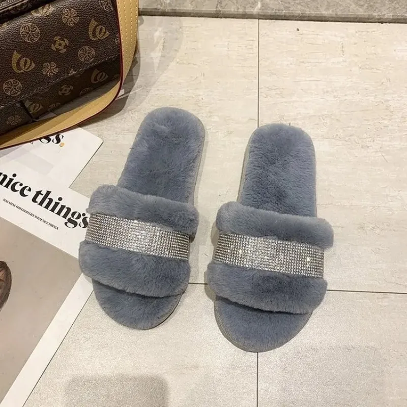 Winter Luxury Rhinestone Women Warm Fur Slippers Cozy Fluffy Furry Slides Crystal Flat Indoor  Design Home Shoes Ladies 43